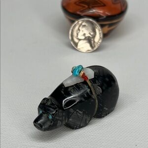 Elegant Picasso stone Bear Figurine with Turquoise and Red Accents.